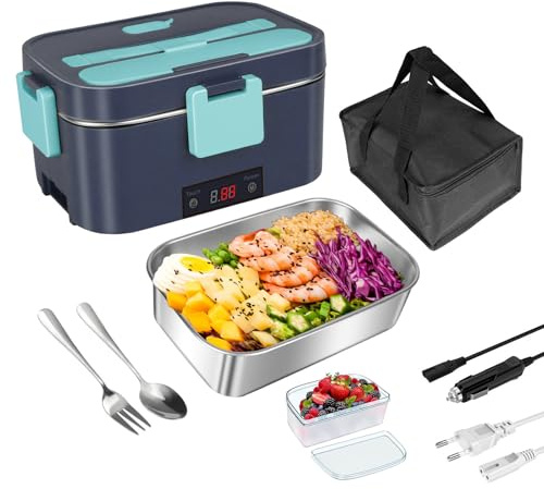 Gamelle Chauffante,80W Lunch Box Chauffante Electrique,1,8L Gamelle Isotherme Repas Chaud,12V/24V/220V Boite Chauffante Repas pour Voiture Camion Bureau,Gamelle Chauffante Allume Cigare (Bao Bleu)