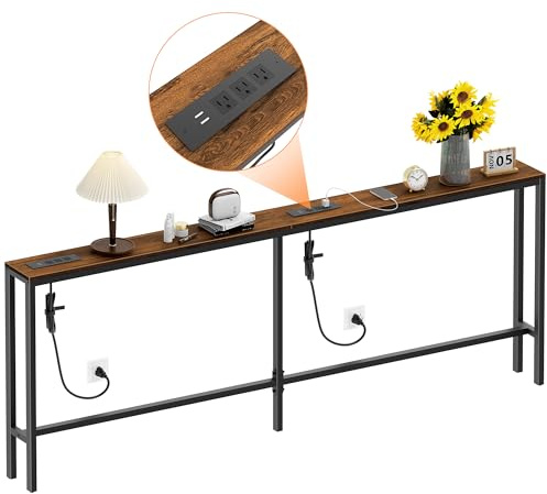 Bathola Narrow Sofa Table with 2 Power Outlets, 79” Thin Console Tables Narrow Long, Behind Couch Table Skinny, Wood Console Tables for Entryway, Living Room, Hallway, Foyer, Rustic Brown