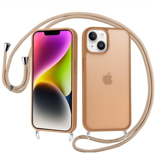 Knrlqim Cover con Cordino per iPhone 14/13, Custodia con Laccio per Collo, Protezione Antiurto Opaca Traslucida, Cover TPU Silicone con Cordino Regolabile, Case Soft-Touch & Anti-Impronta, Marrone