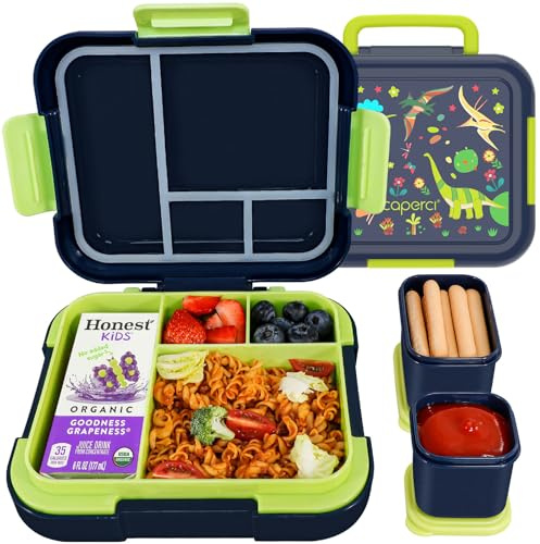 Caperci Bento Box for Kids - Leak-Proof Toddler Lunch Box Container with 2 Modular Containers & 4-Compartment, Hold 4.8 Cups, Portable Handle, BPA-Free, Microwave/Dishwasher Safe (Dinosaur)