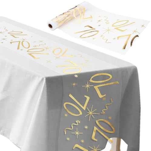 ddckj Tischläufer 70 Geburtstag 28 cm x 10 m Tischdeko Geburtstag Zuschneidbar Tischläufer Gold Männer und Frauen für Geburtstagsparty Jubiläumsfeier