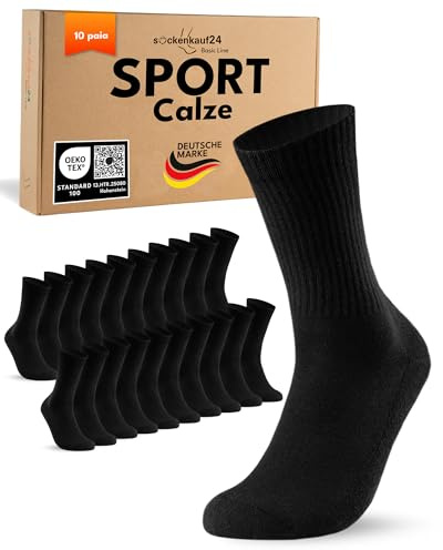 sockenkauf24 10 Paia Calze Sportive Uomo Calzini Tennis Spugna Rinforzati Crew Socks Nero 43-46