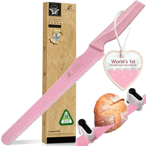CoquusAid Bread Knife for Homemade Bread, World‘s 1st Double Serrated Knife with 5 Thickness Adjustable Slicing Guide, Stainless Steel Bread Cutter, Razor Sharp for Sourdough, Pink