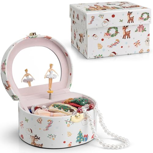 Vlando Weihnachtsgeschenke, Schmuckkästchen für Mädchen, Spieluhr mit Ballerina, Geschenkbox für Kinder, Damen (Weihnachtsdruck, weiß)