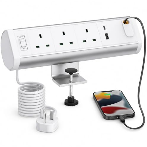 Desk Power Socket with Retractable 20W USB-C, Haylink Aluminium Alloy Desktop Extension Lead with 3 UK Plugs, 3 USB Ports, Switch, 3M Cable, Ideal for Workspace Office Home