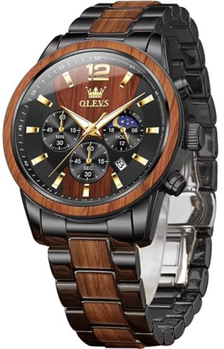 OLEVS Mens Wooden Watch Analog Quartz Stainless Steel Wirst Watches Luxury Dress Chronograph Waterproof Luminous Watches for Men Gift