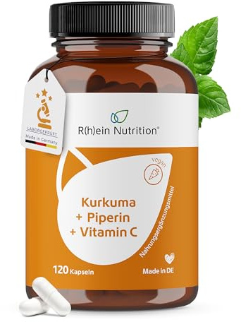 Rhein Nutrition Kurkuma Kapseln – Kurkuma Komplex mit Curcumin C3 Complex® + Piperin & Vitamin C – 120 Kapseln vegan – laborgeprüft – Made in Germany