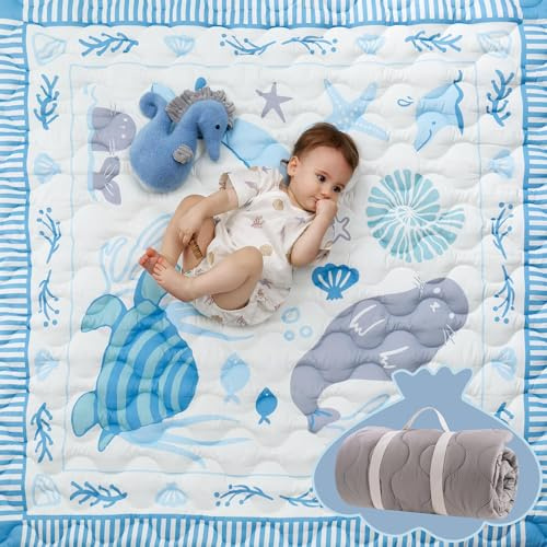 Momcozy Tappeto Gioco Bambini per Pavimento 127 x 127 cm, Tappeto per Box Spesso per Tummy Time, Impermeabile e Antiscivolo, Pieghevole da Esterno con Maniglia, Mondo Dell’Oceano