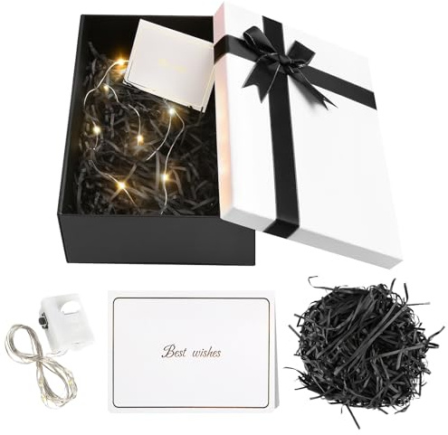 Presentask med lock, 25 x 18 x 8,5 cm presentkartong, presentförpackning födelsedagsset med raffia, gratulationskort, ljus, presentförpackning för bröllop, alla hjärtans dag (svart)