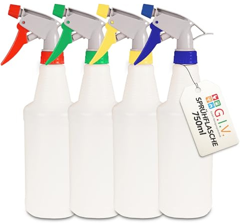 G.I.V. Sprühflaschen Set 4x Bunt - Leere Sprühflasche zum Befüllen für Reinigungsmittel, Desinfektionsmittel, Friseursprühflasche, Pflanzen, Bügeln - Feine Zerstäubung & chemikalienbeständig (750ml)
