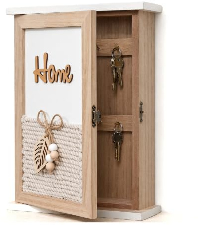 Lazheng Schlüsselkasten Holz, Schlüsselbox mit Blätter Deko Schlüsselschrank Schlüsselablage, Wandhalterung Schlüsselbox mit 6 Schlüsselhaken Holz Schlüsselhalter für Eingang, Flur, Büro