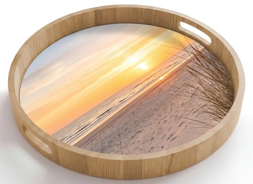 OnlyWow© Plateau De Table Plateaux Service Repas Bois Decoratif Dejeuner | 50x50 cm - Rond - Antidérapant Cafe Deco Chene Avec Poignée Déjeuner Coucher soleil - Dunes - Mer
