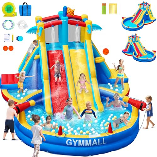 GYMMALL Aufblasbare Wasserrutsche Luftburg mit 550W Lüfter, 8-in-1 Wasserspielzentrum Innen & Außen Planschbecken mit Doppelrutsche