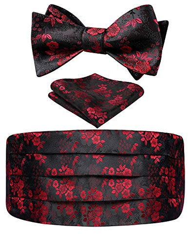 HISDERN Herren Kummerbund mit Fliege und Einstecktuch Formelle Satin Blumen Kummerbunde für Männer, 3er Set Schärpe Verstellbar Band, Rot & Schwarz