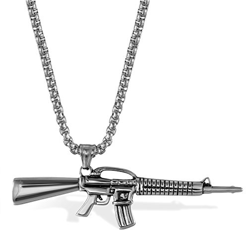 JewelryWe Schmuck Herren Halskette, Edelstahl Armee Gewehr Pistole Waffe Anhänger mit Weizenkette Gold Silber Schwarz
