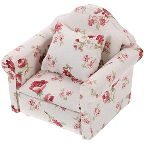Puppenhaus Sofa 1:12 Puppenhaus Miniatur Möbel Modell Tuch Blumenmuster Couch Sessel Sofa Mit Kissen, Mini Möbel Set mit Rückenkissen DIY Mini Handwerk Zubehör