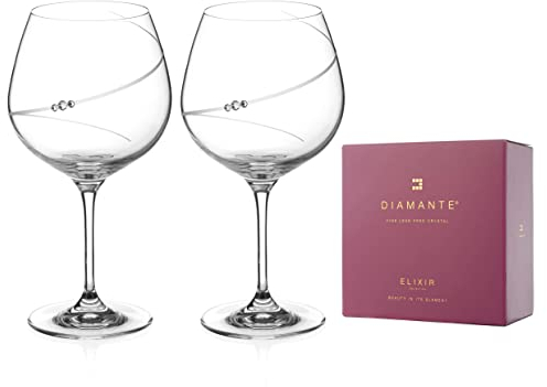 DIAMANTE Swarovski Gin Copa Glasses Pair 'Silhouette' - Adorned with Crystals - Burgundy Gift Box