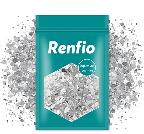 Renfio Chunky Mix Fine Glitter Powder PET Flake Hexagon Pailletten für Epoxidharz Slime Painting Craft Face 3.5 Oz (100g) - Silver