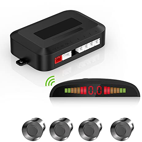 Rückfahrradar für Auto, kabellos, umgekehrtes Radarsystem mit 4 Rückfahrradern, LED-Entfernungsanzeige kabellos mit akustischer Warnung + 4 grauer Rückfahrsensor für Auto Vans RV Trailer