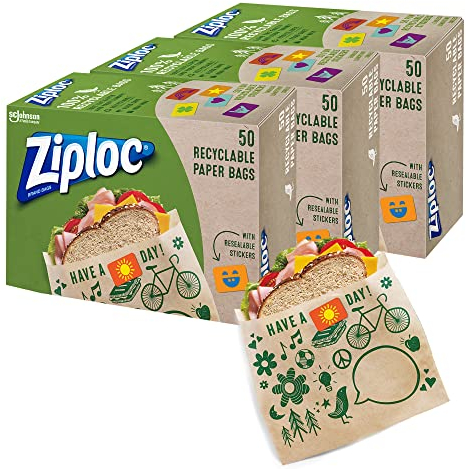Ziploc Lot de 3 sacs à sandwich en papier recyclables et refermables avec motifs amusants (150 sacs au total)