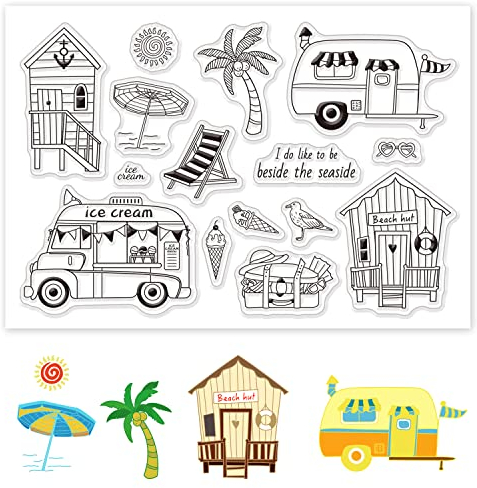 GLOBLELAND Silikonstempel Urlaub Klare Stempel und Strand Transparente Stempel Siegel Hawaii Hütte Sonne Reisen Gummi Klare Briefmarken für Kartenherstellung und DIY Scrapbooking Dekor