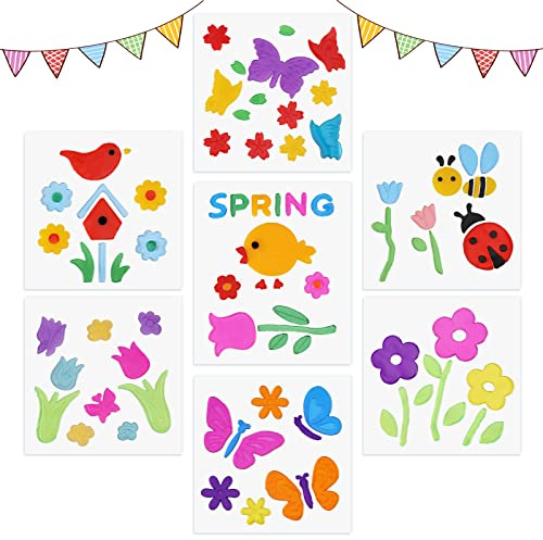 Whaline 7 Sheets Spring Window Gel Clings Flowers Butterflies Bee Beetle Bird Double Side Window Jelly Stickers Decals Decorations for Refrigerators Bedroom Home Office School Holiday Party Gift