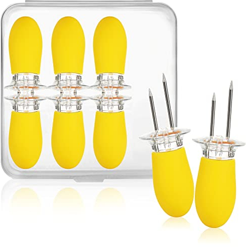 COM-FOUR® Tenedor para maíz 8x con 2 dientes de acero inoxidable, inoxidable - Brochetas de maíz reutilizables - Ayuda para pelar patatas asadas (08 piezas - amarillo)
