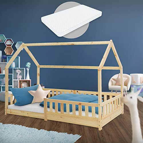 ML-Design Cama Infantil Casa Natural 90x200 cm de Madera de Pino con Colchón de Espuma Fría 10cm, Protección Anticaída y Techo, Somier de Listones, Cuna de Suelo, Lecho para Niño Forma Casita de Juego