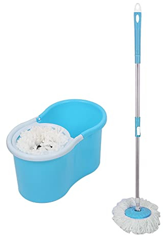 MINGYI Balai Lave Sol, Set Complet Balai Microfibre, avec Seau-Essoreur et 2 Tampons de Vadrouille, Balai Serpillère à Cordelette, Réglable Longueur 80-110 cm, Bleu