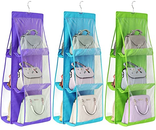 Saijer Hängend Handtaschen Aufbewahrung,3 Stück Handtaschen Organizer Hängend,Faltbar Taschenorganizer Hängende Hängeorganizer Taschen Mit 6 Fächer Taschenhalter für Schlafzimmer Kleiderschrank Buntes