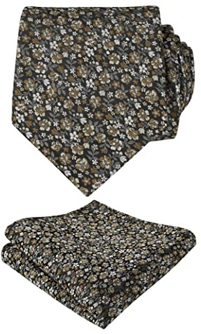 Alizeal Herrars blommönstrad bröllopsfest slips med ficknäsduk 8 cm färgglad klassisk business slips set, 142-brun+vit+grå, en storlek