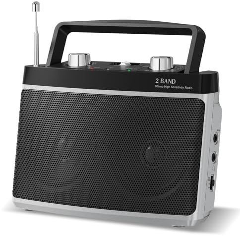 Audiocrazy Portable AM FM Bluetooth Radio with 5W True Stereo Sound, Portable Radio with Dual Speaker | AUX Input | Headphone Jack | AC & Battery Powered – Perfect for Home, Kitchen, Outdoors (Silver)