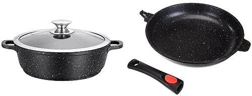 Kamberg - Sautoir/Sauteuse 36 cm - Fonte d'Aluminium - Revêtement Type Pierre - Couvercle en Verre - Tous Feux dont Induction & Poêle 32 cm - Manche Amovible