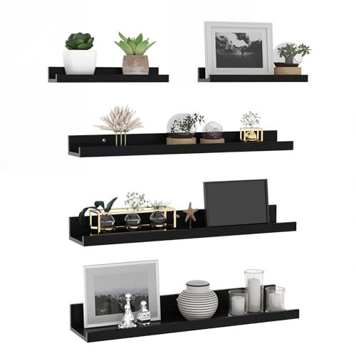 Giftgarden Set med 5 rustika vägghyllor i trä, flytande hyllor i svart vägg för vardagsrum, sovrum och kontor - 60 cm