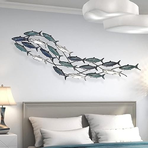 Fischschwarm Wandskulptur Aus Metall, Maritimes Aqua Thema Design Wanddeko Metall, Handgemachte Wandbild Fischschwarm Wanddekoration, 150X42cm