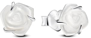 Pandora Moments White rose sterling silver stud earrings with white bioresin man-made mother of pearl