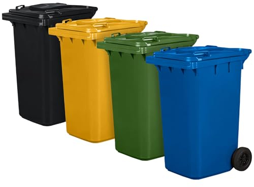 Juego de 4 cubos de basura para basura PN-EN 840, de 240 litros, con ruedas, sistema de enganche para extracción mecánica, de plástico, negro, amarillo, verde, azul