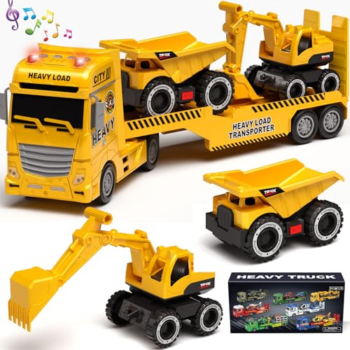 Tacobear Camion Costruzione Giocattolo Bambini grande Camion Veicoli da Cantiere con Escavatore Camion Spazzatura, Camion Trasportatore Macchinine Giocattolo Regalo per Bambini 2 3 4 5 6 anni