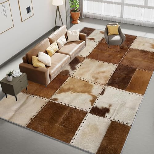 Tapis à Motif Rayures Patchwork en Cuir De Vache Tapis Salon Style Ferme Lavable Rectangulaire Tapis de Salon 160x230 cm, Antidérapant à Poils Courts Tapis Doux Chambre Poil Ras Tapis de Sol