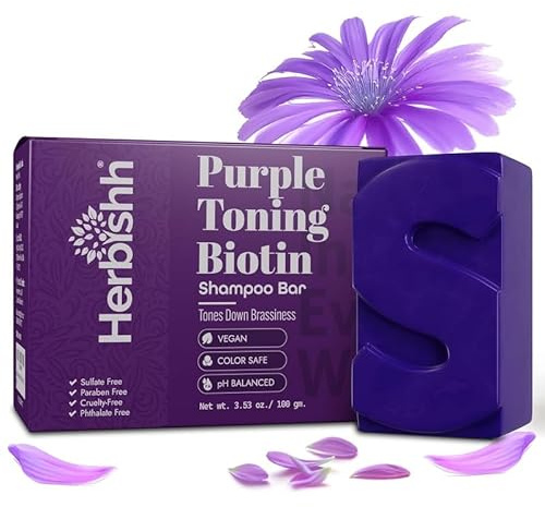 Herbishh Purple Shampoo Bar for Blonde Hair with Biotin – Solid Bar to Neutralize Brassy Tones, Strengthen & Add Shine, For Grey Coverage, Color-treated & Highlighted Hair Vegan & Sulfate-Free 3.53 oz
