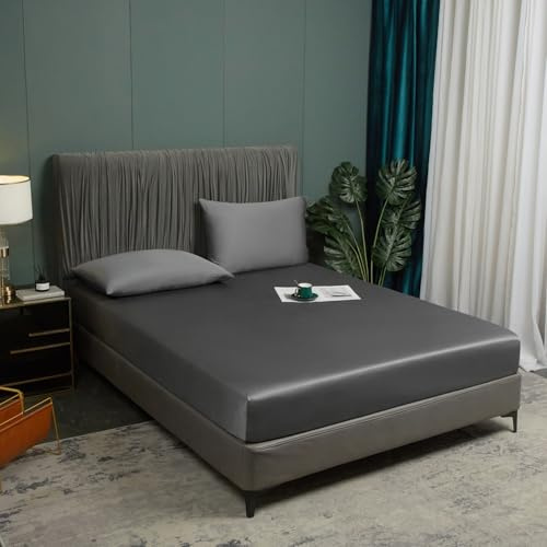 Bambu spännlakan 200 x 200 cm mörkgrå antibakteriell mjuka spännlakan kylande 100 % bambu dra-på-lakan set dubbelsäng uni linne för hög madrass hög midja upp till 25–30 cm
