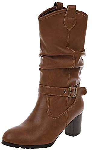 Gicoiz Mujer Media Pierna Slouch Tacón Ancho Botas Botas de Montar Retro Sin Cordones Invierno Clásica Punta Rojoonda Hebilla Equestrian Cowboy Botín Marrón Talla 39 EU-40Cn