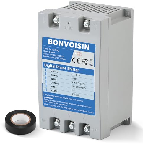 Bonvoisin Convertitore monofase a trifase 5HP (3,75kW) Digital Phase Shifter, 7A 220V-240V ingresso/uscita, un convertitore solo per un motore.