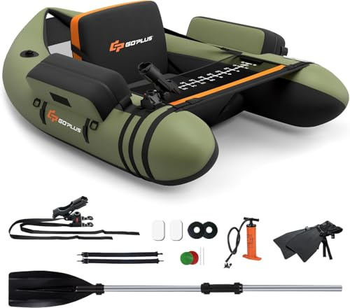 FANTASK Gonfiabile Schlauchboot, barca da pesca con pompa, remi, cinture, Bellyboat per adulti, capacità di carico 150 kg, 135 x 109 x 54 cm (Verde)