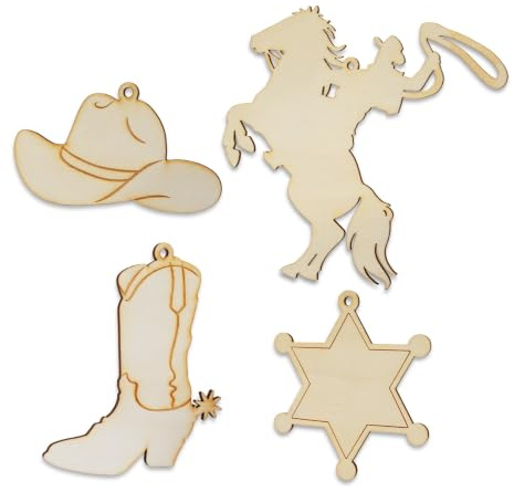 Summer-Ray 16 st set western cowboy träutskärningar – rustika laserskurna former med hängande hål för hantverk, festdekor och prydnader