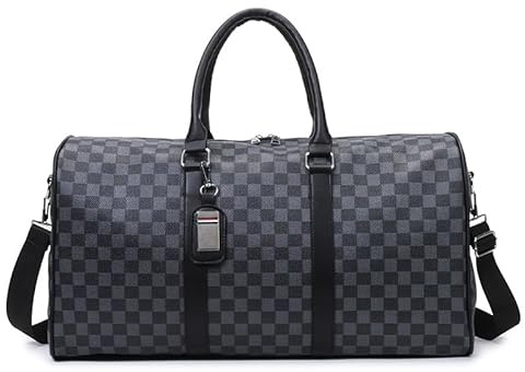 Leder Sporttasche Für Herren, Reisetasche Mit Nassfach, Weekender Tasche Handgepäck Trainingstasche Fitnesstasche, Gym Bag Reisetasche Wasserdicht Schwimmtasche Schwarz (Schachbrett Muster)