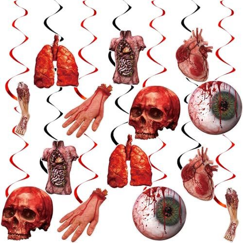DazzJoy 14 Stück Halloween Girlande, Halloween Horror Blut Hängende Wirbel Deko mit Körper, Kopf, Hand, Füße, Augen, Herz, Lunge, Horror Halloween Hängende Deko Girlande für Fenster Tür & Wanddeko