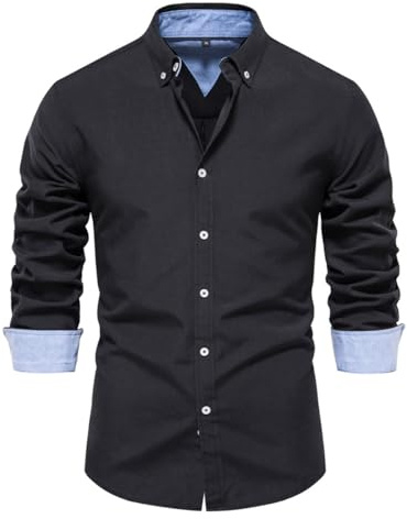 Allthemen Camisa de Vestir Formal Hombre Slim Fit Shirts Manga Larga de Algodon con Botones Solidos Negocios Negro S