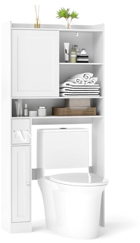 COSTWAY Over Toilet Storage Unit, Freestanding Bathroom Space Saver with Sliding Door, Toilet Paper Holder and Adjustable Shelves, Wooden Over The Toilet Cabinet Rack Organizer for Small Space, White