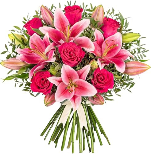 Bouquet di fiori freschi legati a mano: rose rosa e gigli consegnati per compleanni e tutte le occasioni (medio)